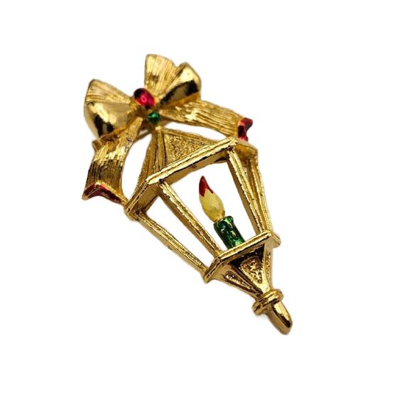 Vintage Enamel Christmas Lantern Brooch, 2.5" Tall - Picture 10 of 10